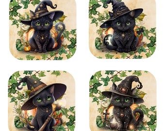 Set Of 4 - Witches Cat in Hats Cork Backed Coasters - Little Witchy Cats