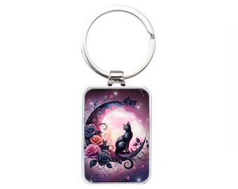 Silver Metal Keyring - Black Cat & Purple Rose Moon