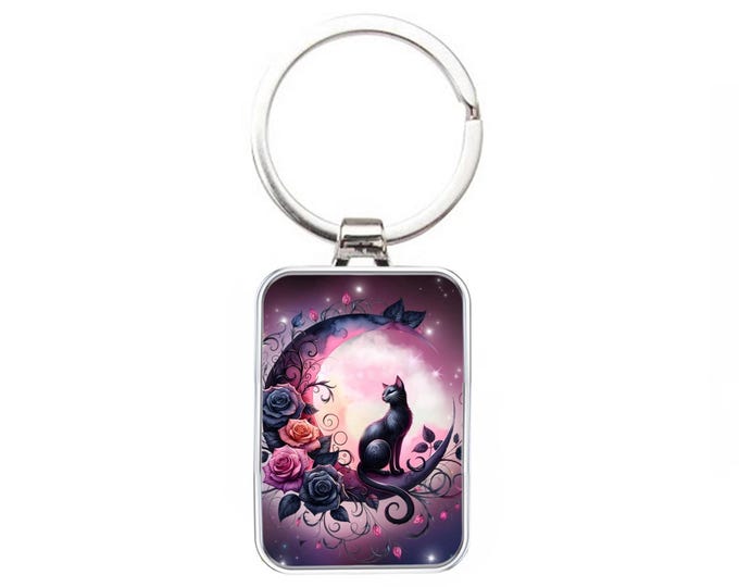Silver Metal Keyring - Black Cat & Purple Rose Moon