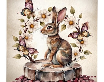 Handmade Rabbit & Butterflies Metal Sign - Home Decor (20cm x 15cm)