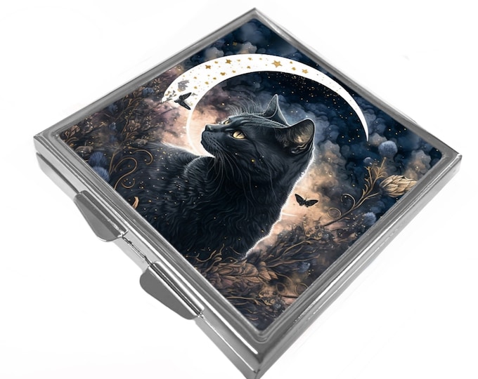 Square Pill/Trinket Box - Black Cat & Moon - Luna