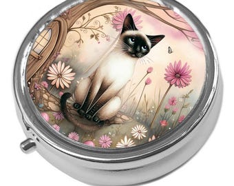 Black Cat, & Purple Flowers - Whimsical Chocolate Siamese Cat