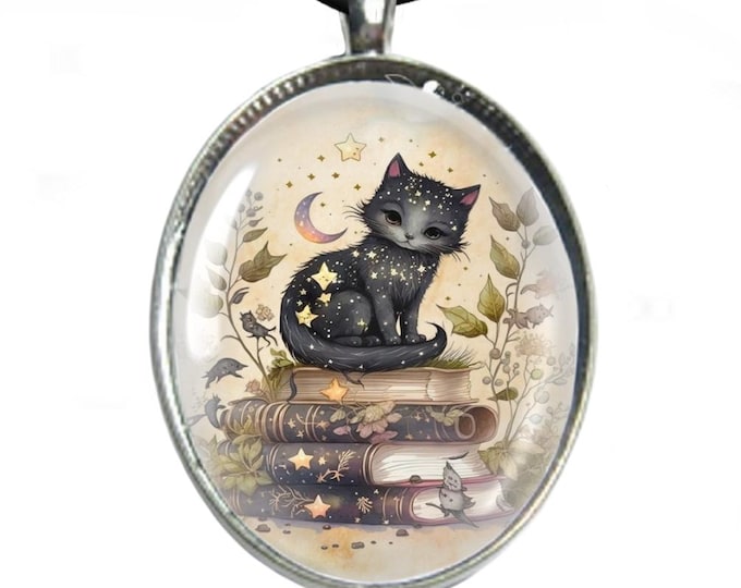 Glass Cabochon Necklace - Silver Plated Tray & Leather Cord Necklace - Black Cat on Books