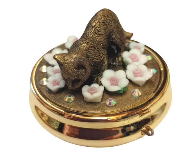 Hand Painted Cat & White Flowers - Gold Colour Metal Pill Box - Cat Trinket Box