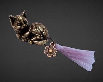 Brass Lucky Charm Cat - Charm - Brass Cat, Charm & Tassel - With Bag and Card