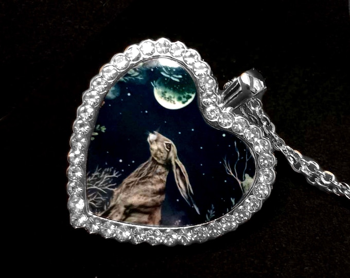 Moongazing Hare Heart Crystal Pendant - Mystic Hare Necklace - Boxed