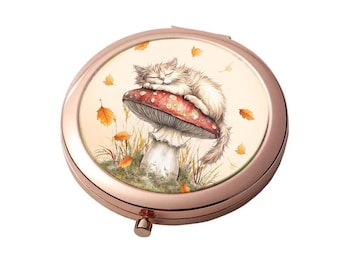 Mushroom The Napping Cat - Rose Gold - Large Double Compact Mirror