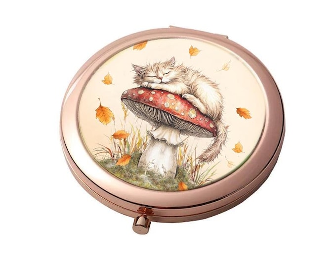 Mushroom The Napping Cat - Rose Gold - Large Double Compact Mirror
