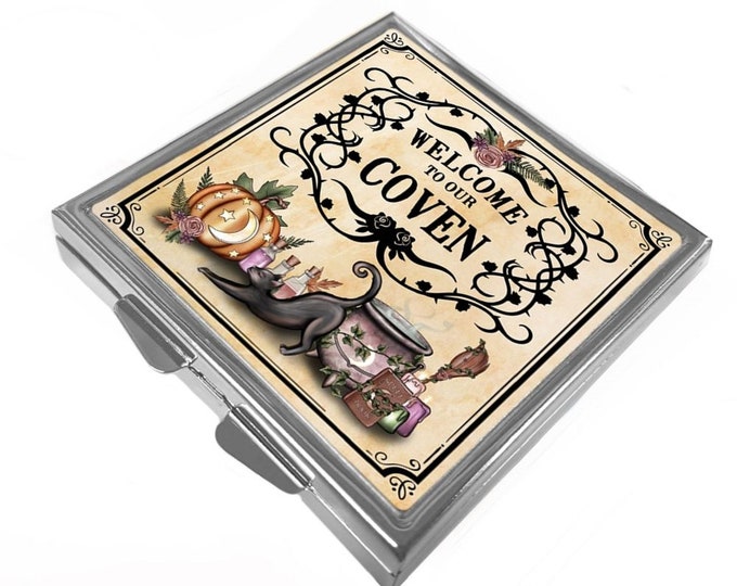 Black Cat - Square Pill Box - Welcome To The Coven - Black Cat and Cauldron