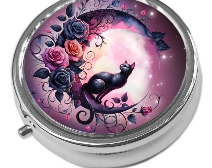 Purple Moon cat and Roses - Metal Pill Box - Cat Trinket Box