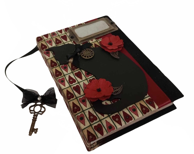 Mixed Media Hardbacked Journal - Fabric Covered Black Cat Journal (A)