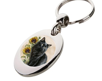 Trolly Keyring/Key Token - Cat Keyring - Black Cat & Sunflowers