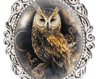 Silver Colour - Oval Glass Cabochon Brooch - Moon Owl - Owl Brooch