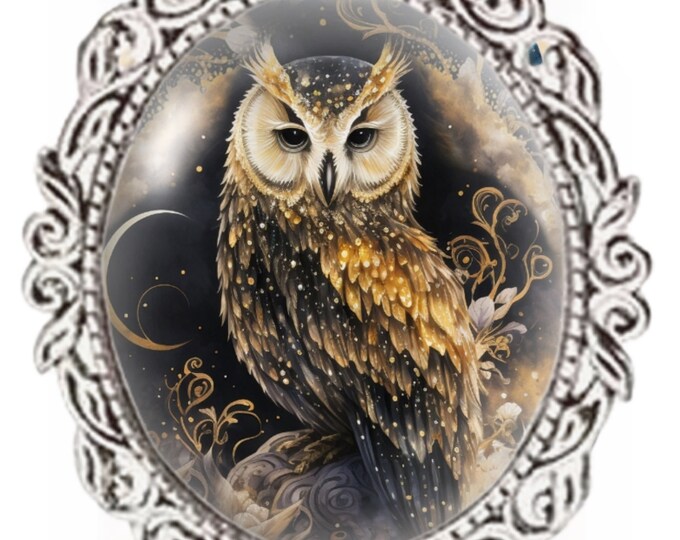 Silver Colour - Oval Glass Cabochon Brooch - Moon Owl - Owl Brooch