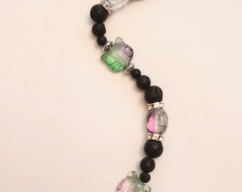 Lucky Bead String - Pink and Teal Glass Bead String Charm - Cat face and Fish Tail Beads