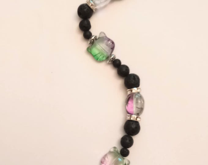Lucky Bead String - Pink and Teal Glass Bead String Charm - Cat face and Fish Tail Beads