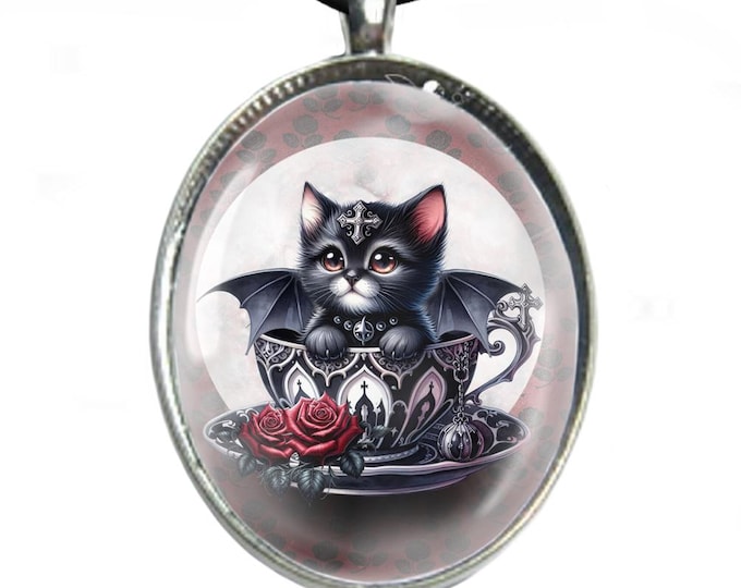 Gothic Kitten in Rose Teacup Necklace: Silver Plated Pendant