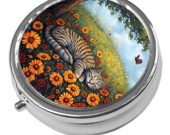 Sleeping Tabby Cat Metal Pill Box: Shabby Chic Trinket Keeper