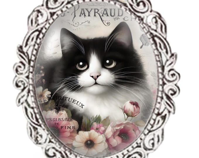 Silver Colour - Oval Glass Cabochon Brooch - Vintage Cat Design - Black and White Cat Brooch