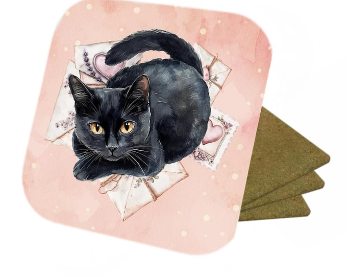 Set Of 4 - Cat Coasters - Cork Backed Coasters - The Black Cat