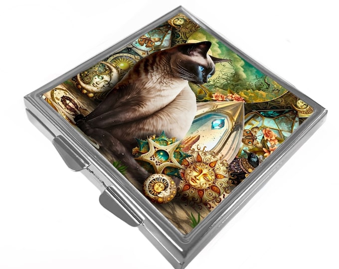 Square Pill/Trinket Box - Siamese Cat & Victorian Suns/Moons - Tao
