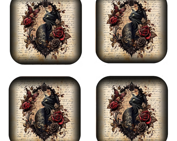 Set Of 4 - Cat Coasters - Cork Backed Coasters - Black Cat in Rose Frame Vintage