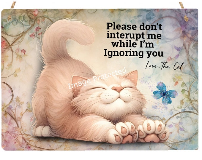 Whimsical Cat Sign -  Hanging Metal Sign - Motivational Quote - Please don't interupt me while i'm ignoring you...