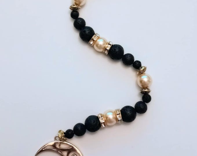Lucky Bead String - Black Cat on Moon, Pearl Colour & Lava Beads