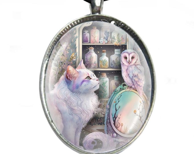 Cat Glass Cabochon Necklace - Silver Plated Tray & Leather Cord Necklace - White Cat and Owl