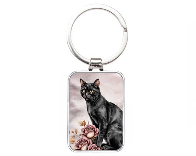 Silver Metal Keyring - Black Cat & Dusky Pink Roses