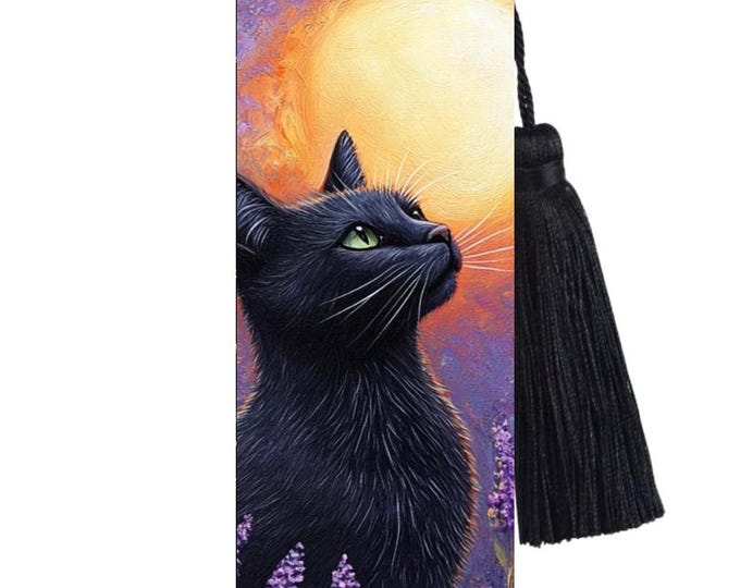 Purple Lavender Black Cat Metal Bookmark with Tassel: Funny Reader Gift