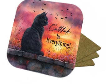 Set Of 4 - Cat Coasters - Cork Backed Coasters - Black Cat - cattitude is Everything