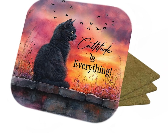 Set Of 4 - Cat Coasters - Cork Backed Coasters - Black Cat - cattitude is Everything