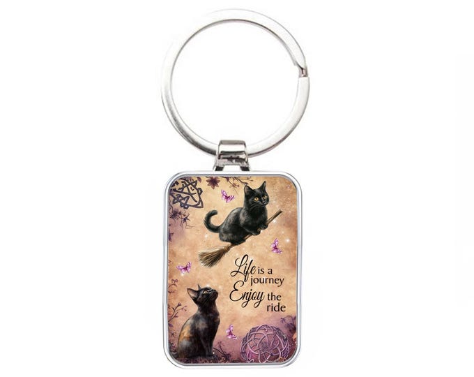 Silver Metal Cat Keyring - Little Black Cats - Life Is A Journey, Enjoy The Ride