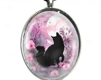 Cat Glass Cabochon Necklace: Silver Plated Tray, Leatherette Cord