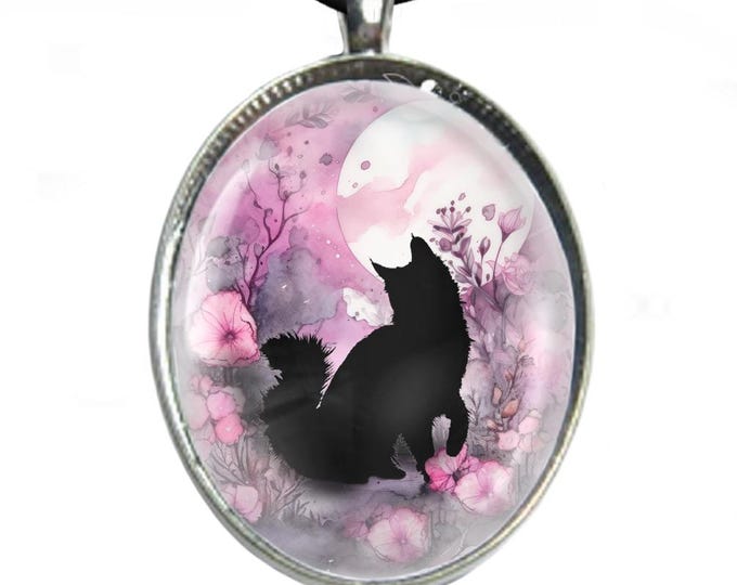 Cat Glass Cabochon Necklace: Silver Plated Tray, Leatherette Cord