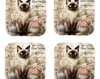 Set Of 4 - Cork Backed Coasters - Vintage Siamese Cat
