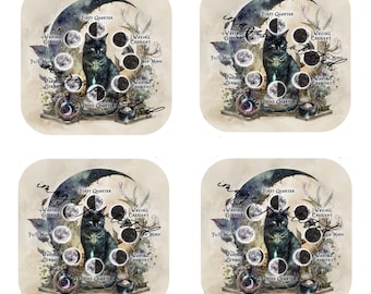 Set Of 4 - Cork Backed Coasters - Moon Magic - Black Cat & Moon Phases