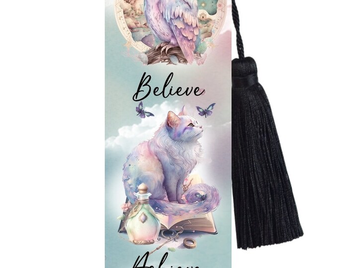 Large Metal Bookmark With Tassel - Cat & Owl Bookmark - Dreamscape - Dream, Believe, Achieve