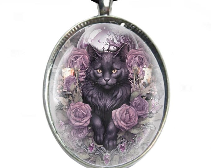 Cat Glass Cabochon Necklace - Silver Plated Tray & Leather Cord Necklace - Black Cat and Purple Roses