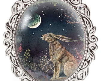 Silver Colour - Oval Glass Cabochon Brooch - Moongazing Hare - Hare Brooch