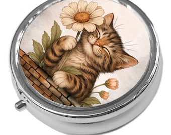 Flower Tabby Cat Pill Box: Metal Trinket Storage, Daisy