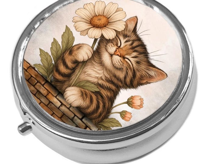 Flower Tabby Cat Pill Box: Metal Trinket Storage, Daisy