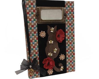 Mixed Media Hardbacked Journal - Fabric Covered Black Cat Journal (E)