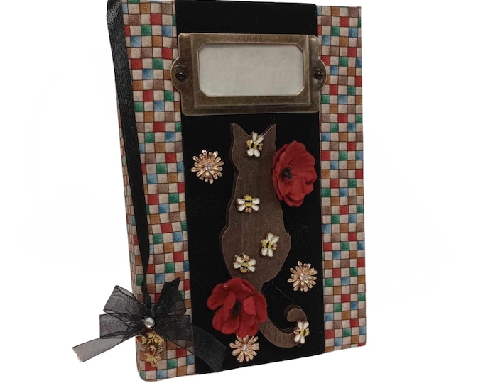 Mixed Media Hardbacked Journal - Fabric Covered Black Cat Journal (E)