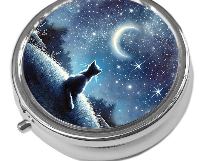 Moongazing Cat Pill Box: Metal Trinket Storage