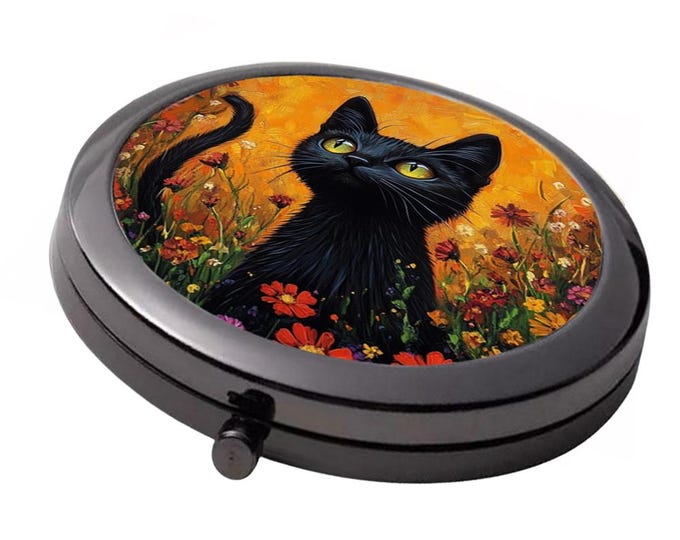 Black Cat Compact Mirror: Smoke Black Metal, Floral Style