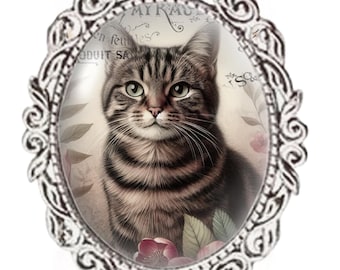 Silver Colour - Oval Glass Cabochon Brooch - Vintage Cat Design - Brown Tabby Cat Brooch