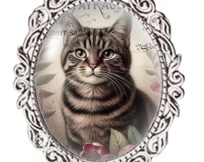 Silver Colour - Oval Glass Cabochon Brooch - Vintage Cat Design - Brown Tabby Cat Brooch