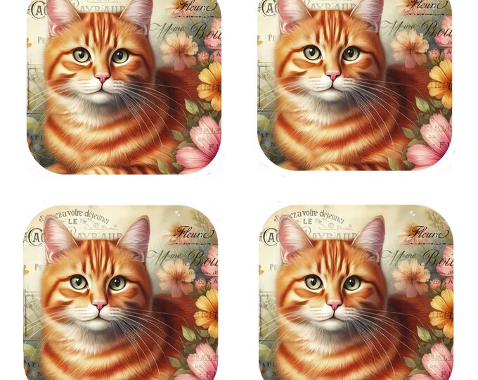 Set Of 4 - Cork Backed Coasters - Vintage Ginger Cat